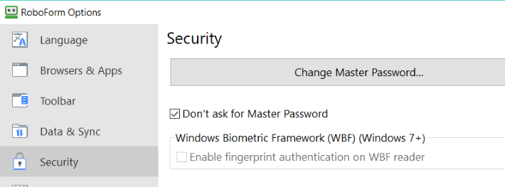 roboform security menu